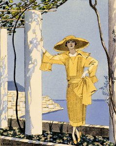 Amalfi, Illustration einer Frau in einem gelben Kleid von Worth