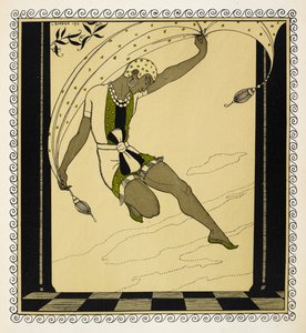 „Cleopatra“. Eine Tänzerin aus Anton Arenskys Produktion von 1909, die ein kurzes weißes, grünes und schwarzes Outfit trägt, das an der Taille gebunden ist, grüne Schuhe und einen weißen gemusterten Hut. von Georges Barbier
