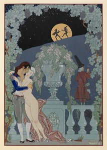 Fantoches. (Marionetten) aus Debussys Fêtes Galantes, Scaramouche und Pulcinelle. Ein Mann umarmt eine nackte Frau. Zwei Figuren im Silhouette gegen den Mond. von Georges Barbier