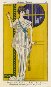 Grande robe du soir en tulle et satin. Echarpe de velours à glands de perles. Costumes Parisiens Nr. 37 von Georges Barbier