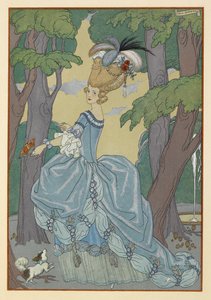 Die Allee. Eine schöne Frau mit einem kleinen Hund. Die Frau hat eine aufwendige Frisur mit Federn von Georges Barbier