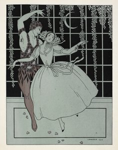 "Le Spectre de la Rose". Das Bild trägt den Namen des Balletts der Ballets Russes, basierend auf einem Gedicht von Théophile Gautier. Die Tänzer der Originalaufführung waren Vaslav Nijinsky als die Rose und Tamara Karsavina als das Mädchen, und sind beim T von Georges Barbier