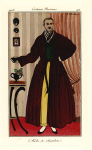 Mann im Morgenmantel über gelber Hose und grüner Weste. Robe de chambre. Handkolorierte Pochoir-Radierung nach einer Illustration von George Barbier aus Tommaso Antonginis Journal des Dames et des Modes, Aux Bureaux du Journal des Dames, Paris