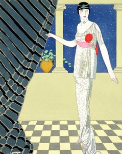 Meine Gäste sind nicht angekommen, Illustration einer Frau in einem Kleid von Redfern von Georges Barbier