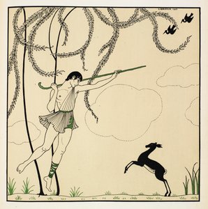 "Narcisse". Szene aus Narcisse, einem klassischen Ballett in einem Akt. Narcisse wurde 1911 in Monte Carlo uraufgeführt. Der Junge tanzt in der Luft und trägt einen Hirtenstab, ein Lamm steht auf seinen Hinterbeinen. von Georges Barbier