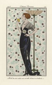 Abendkleid aus schwarzem Satin und Tüll, besetzt mit Brillanten, aus Costumes Parisien, veröffentlicht 1913 von Georges Barbier