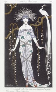 Silberbrokat-Abendkleid und Perücke - Illustration von George Barbier (1882-1932) in „Journal des dames et des modes: Costumes Parisiens“ von Georges Barbier