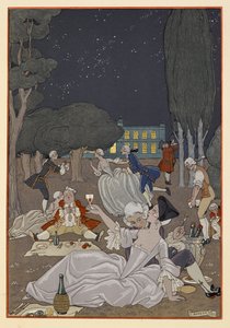 Auf dem Gras. Ein Teil des Geländes eines Hauses. Wein wird getrunken. von Georges Barbier