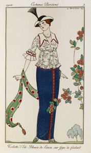 Sommerkleid. Leinenbluse über einem Humpelrock. Pariser Kostüme Nr. 3. Eine Frau trägt eine Sommerbluse und einen Rock. Sie hält einen grünen Schal. Sie trägt einen Hut mit einer Feder von Georges Barbier