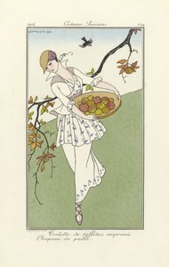 Toilette aus bedrucktem Taft, Strohhut, aus Costume Parisiens, veröffentlicht 1914 von Georges Barbier