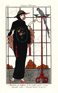 Frau in einem alten Taftumhang mit einem Papagei von Georges Barbier