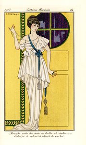 Frau in luxuriösem Abendkleid aus Tüll und Satin, grünem Samtband mit Perlenquaste. Handkolorierte Pochoir-Radierung nach einer Illustration von George Barbier aus Tomm von Georges Barbier