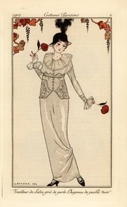 Frau im perlgrauen Anzug und schwarzem Strohhut. Tailleur de satin gris de perle, chapeau de paille noir. Handkolorierte Pochoir-Radierung nach einer Illustration von George Barbier aus Tommaso Antonginis Journal des Dames et des Modes, Aux Bureaux du Jour von Georges Barbier