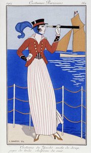 Frau schaut in die Ferne, in Yachtanzug - Mode 1914