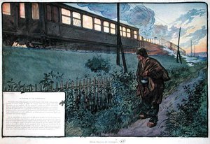 Zwei Reisemethoden, der Schnellzug und der Landstreicher, frühes 20. Jahrhundert