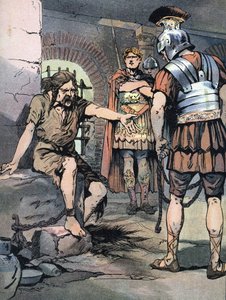 Gallischer Krieg: Der gallische Krieger Vercingetorix als Gefangener in den römischen Waffen von Julius Caesar in den Gefängnissen des Tullianum, 46 v. Chr. Illustration von