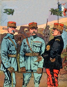 Marschall Joseph Jacques Cesaire Joffre, Marschall Ferdinand Foch und Marschall Philippe Petain, die großen Befreier Frankreichs im Ersten Weltkrieg - Illustration von Georges Conrad