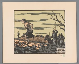 Halbnackte Frau flieht vor drei Soldaten über ein Feld von Georges Hermann Rene Paul