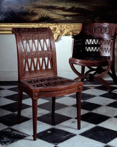 Stuhl für die Molkerei von Marie Antoinette. Geschnitztes Mahagonimöbel von Georges Jacob (1739-1814)