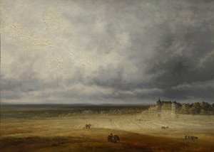 Landschaft mit einem gepflügten Feld und einem Dorf, wahrscheinlich nach 1827