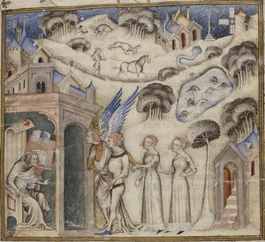 Amor führt seine Kinder Süßer Gedanke, Vergnügen und Hoffnung zu Guillaume de Machaut, von Meister der Bibel von Jean de Sy 1372-77