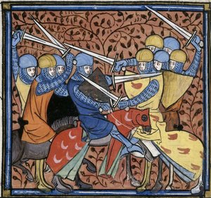 Ebroin besiegt die Austrasier, aus Les Grandes chroniques de France, Royal 16 G VI f.114v, ca. 1332-1350