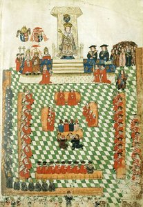 König Heinrich VIII. bei der Eröffnung des Parlaments von England im Bridewell Palace, 1523