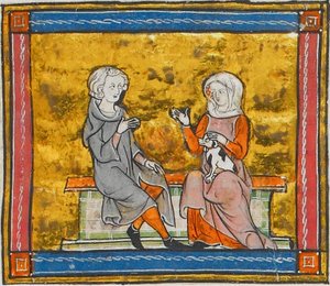 Lancelot im Gespräch mit einer Dame, die einen kleinen schwarz-weißen Hund hält, aus Morte Artu, ca. 1315-1325 von Georgia Levan Ramishvili from Tbilisi