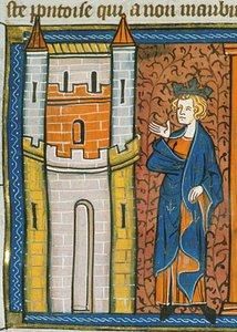 Ludwig IX. vor der Festung, aus Chroniques de France ou de St Denis, 14. Jahrhundert