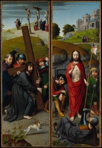 Christus trägt das Kreuz, mit der Kreuzigung, der Auferstehung, mit den Pilgern