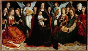 Die Jungfrau zwischen den Heiligen Vorne: Heilige Dorothee, Heilige Katharina, Heilige Agnes, Heilige Fausta, Heiliger Apollo (oder Apollonia), Heilige Godeline, Heilige Cäcilia, Heilige Barbara, Heilige Lucia, hinten: Gerard David und seine Frau Cornelie  von Gerard David