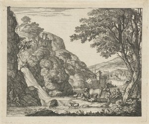 Hirte mit Tieren bei einem Wasserfall