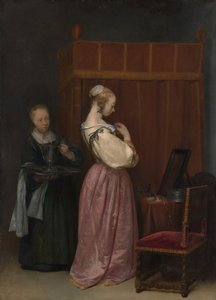 Eine junge Frau bei ihrer Toilette mit einer Magd, ca. 1650-51