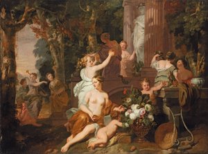 Nymphen und Bacchantinnen huldigen im Tempel der Flora