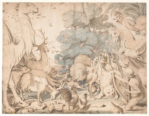 Orpheus verzaubert die Tiere mit seinem Spiel