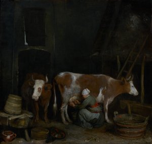 Eine Magd melkt eine Kuh in einem Stall von Gerard ter Borch