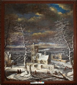 Ein Dorf im Winter mit Figuren auf dem Eis
