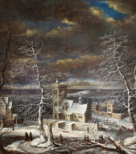 Ein Dorf im Winter in einer weiten Landschaft mit Figuren auf dem Eis
