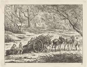 Landschaft mit einem von zwei Pferden gezogenen Wagen