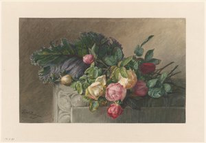 Stillleben mit Rosen und Kohlblatt von Gerardina Jacoba van de Sande Bakhuyzen