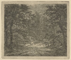 Hirtin mit Kuh im Wald