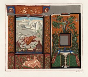 Wandgemälde in einem Viridarium (Garten) eines Tigers, der einen Stier angreift, und Pfauen auf einem Brunnen, aus dem Haus mit den beschrifteten Bildern, Regio V, Insula I, Nr. 18. Chromolithographie von Victor Steeger nach einer Illustration von Geremia 