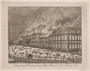 Ansicht des Brandes von Schloss Christiansborg am 26. Februar 1794 von Gerhard Ludvig Lahde