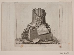 Vignette mit gebrochener Säule und den Wappen der drei nordischen Reiche