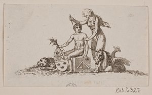 Vignette mit Frau, sitzendem jungen Mann und Einhorn von Gerhard Ludvig Lahde