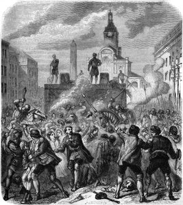 Stockholmer Blutbad, Massaker an schwedischen Widerstandsführern auf Befehl von König Christian II. von Dänemark, 8. November 1520: Die Armee versucht, den Zorn der Bevölkerung zu beruhigen, die gezwungen ist, den Hinrichtungen zuzusehen. Gravur von Gerlie von Gerlier Gerlier