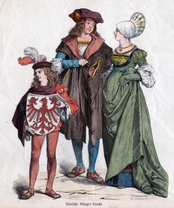 Eine bürgerliche Familie. Deutsche Kostüme des XVI. Jahrhunderts aus dem "Münchener Bilderbogen", Deutschland, ca. 1880