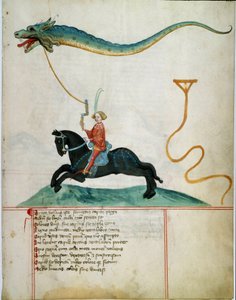 Ein Ritter, der einen Drachen fliegendes Reh hält Manuskriptseite der deutschen Schule des 15. Jahrhunderts. 1405 Göttingen, Bibliothek der Universität von German School