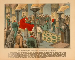 Alexander III. von Russland aufgebahrt am 1. November 1894, illustriertes Flugblatt, veröffentlicht von C. Burckhardt, Weißenburg, 1894