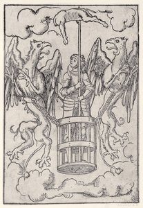 Alexander der Große wird von zwei Greifen in die Luft getragen, um 1525 von German School